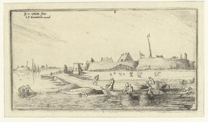 Barcos a remo com pescadores em frente a uma fortaleza no Scheldt Paisagens (título da série) de Esaias van de Velde