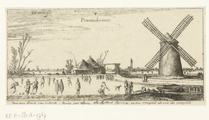 Patinadores no gelo em um moinho perto de Penningsveer Paisagens (título da série) de Esaias van de Velde