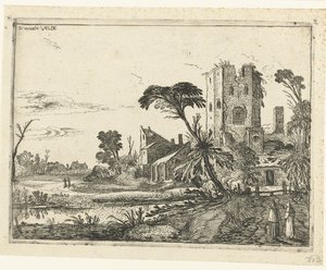 Dois monges em um caminho após uma torre em ruínas Paisagens de paisagem (título da série) de Esaias van de Velde