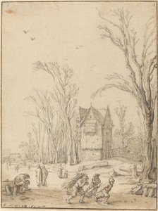 Aldeões patinando em uma lagoa congelada de Esaias van de Velde