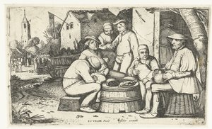 Seis camponeses sentados à volta de um barril numa estalagem de Esaias van de Velde