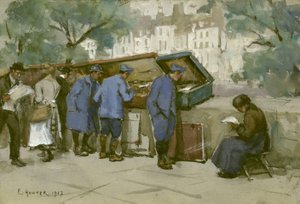 Soldados franceses e Bouquinistes ao longo do Sena, 1917 (wc em papel cinza claro) de Ethel Hunter