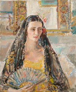 Senhora com um leque, ex. 1926 (óleo sobre tela) de Ethel Walker
