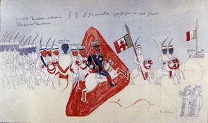 Desenho abissiniano representando o General Baratieri caminhando em direção a Adigrat
