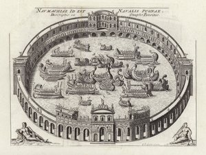 Batalha naval dentro de uma arena romana (gravura) de Etienne (after) Duperac