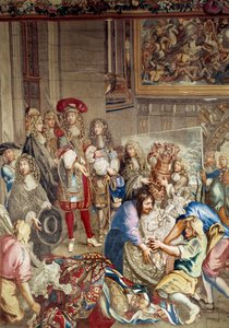 Visita de Luís XIV à Manufacture des Gobelins, na presença de Jean Baptiste (Jean-Baptiste) Colbert (1619-1683) (em perfil, à direita do rei) e do pintor Charles Lebrun (Le Brun) (1619-1690), 15 de Outubro de Etienne (studio of) Le Blond