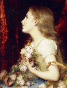 Uma jovem garota com uma cesta de flores,