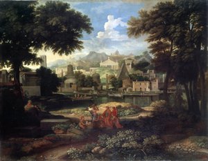 ""Paisagem com Moisés salvo das águas do Nilo"" (Paisagem com Moisés salvo do Nilo) Pintura por Etienne Allegrain (1653-1736) Museu Hermitage, São Petersburgo.