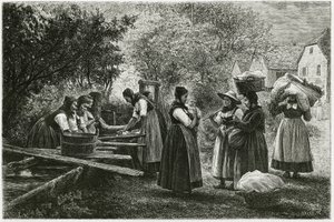 Uma lavandaria em Metzeral, mulheres com trajes tradicionais de vallee reúnem-se na fonte da aldeia. Gravura de E.Ronjat, para ilustrar a história "Atravers l