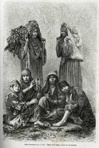 Árabes Ghawarineh, nómadas da bacia do Mar Morto. Gravura de E.Ronjat, para ilustrar a história da Síria hoje, de M.Lortet, reitor da Faculdade de Medicina de Lyon, encarregado de uma missão científica pelo Ministério da Educação Pública, publicada na revi de Etienne Antoine Eugene Ronjat