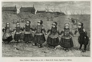 Danças infantis em Marken (Holanda), gravadas após um desenho de E.Ronjat, para ilustrar a história do Neerlande, de Charles de Coster, em 1878, publicado no tour du monde, sob a direção de Edouard Charton de Etienne Antoine Eugene Ronjat