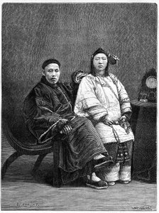 Um par de notáveis chineses de São Francisco (Estados Unidos), no século XIX. Gravura após um desenho de Ronjat, após uma fotografia, em "Le Tour du Monde, Nouveau journal des Voyages", editado por Edouard Charton, Paris. de Etienne Antoine Eugene Ronjat