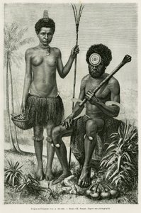Um casal de Fiji. Gravura de E.Ronjat para ilustrar a história Promenades en Oceanie, de Aylic Marin, em le tour du monde 1887, dirigido por Edouard Charton (1807-1890), Hachette, Paris. de Etienne Antoine Eugene Ronjat