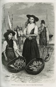 Pescadores, usando o traje tradicional de mulher: saia curta e plissada, corpete com botões prateados, coberto com um chapéu largo de feltro preto. Gravura de E.Ronjat, para ilustrar a história de uma semana em Lisboa, de Jules Leclercq, publicada no Tour  de Etienne Antoine Eugene Ronjat