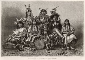 Guerreiros indianos e suas esposas (Texas). Gravura após o desenho de E.Ronjat, para ilustrar a história La conquete blanche, de William Hepworth Dixon, em 1875, publicada em "Le tour du monde" 1876, editada por Edouard Charton, edição Hachette, Paris. de Etienne Antoine Eugene Ronjat
