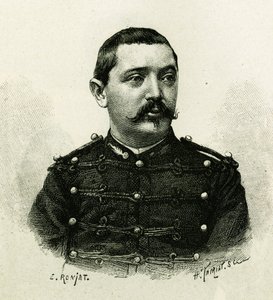 Retrato do Capitão Pietri, da artilharia naval, durante a expedição a África 1879-1882, sob o comando de Gallieni. Gravura de E. Ronjat, a partir de uma fotografia, para ilustrar a história "Exploração do Haut Niger" (Haut Niger) por de Etienne Antoine Eugene Ronjat