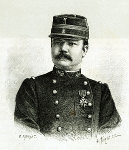 Retrato do Capitão Valliere, da infantaria naval, durante a expedição a África sob o comando de Gallieni. Gravura de E.Ronjat, após fotografia, para ilustrar a história "Exploração do Haut Niger" (Haut Niger), pelo Comandante de Etienne Antoine Eugene Ronjat