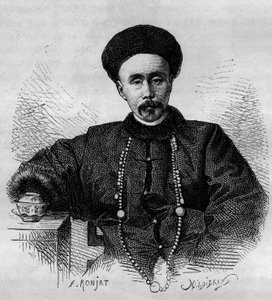 Retrato de Li Hongzhang (1832-1901), general chinês e vice-rei de Zhili de 1871 a 1895 e de 1900 a 1901. Gravura a partir de um desenho de Ronjat, de uma fotografia de Thomson, em "Le Tour du Monde, Nouveau journal des Voyages", editado de Etienne Antoine Eugene Ronjat