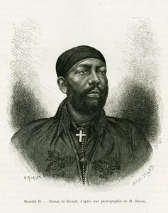 Retrato do Príncipe Menelik II da Etiópia (1844- 1913). Gravura de Ronjat, depois de uma fotografia, para ilustrar a história Voyage au Choa (Abyssinie meridionale)