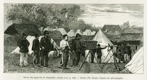 Revisão do aparelho de telegrafia óptica. Gravura de E.Ronjat, para ilustrar a história Trente mois au Tonkin, em 1884, do médico Paul Hocquard, em le tour du monde 1890, sob a direção de Edouard Charton (1807-1890), Hachette, Paris. de Etienne Antoine Eugene Ronjat