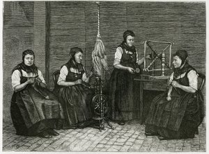 Espalhadores Sondernach, descrição dos diferentes estágios de fiação, mão, fuso e fuso. Gravura de E.Ronjat, para ilustrar a história "Atravers l