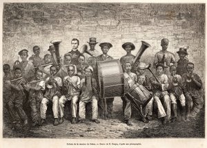 A banda das crianças da missão do Gabão. Gravura após o desenho de E.Ronjat, para ilustrar o cruzeiro na costa da África, do Vice-Almirante Fleuriot de Langle, em 1868, publicada em "Le tour du monde" 1876, editada por Edouard Charton, Hachet de Etienne Antoine Eugene Ronjat