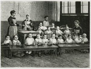 A refeição das crianças no berçário. Gravura de E.Ronjat, para ilustrar a história "Atravers l