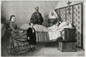 A consulta do médico no hospital de Logelbach. Gravura de E.Ronjat, para ilustrar a história "Through Alsace and Lorraine", em 1884, de Charles Grad (1842-1890), deputado alemão, escritor e naturalista. Publicado em Le Tour du monde, nouveau journal d de Etienne Antoine Eugene Ronjat