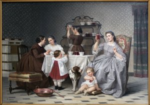 As compotas, também diz Le gouter de famille. Pintura de Eugene Ronjat (1822-1912), óleo sobre tela, cerca de 1860. Arte francesa do século XIX. Museu de Belas Artes de Viena (Isere).