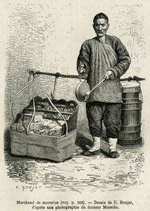 O comerciante de açúcar bateu num tambor plano para chamar a atenção para os seus damascos secos, maçãs cristalizadas e berlingo de caramelo, caminhando pela Porta da Flor Oriental do Palácio Imperial, em Pequim. Gravura após o desenho de E.Ronjat, para il de Etienne Antoine Eugene Ronjat