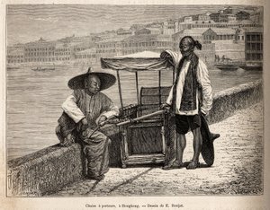 Dois portadores em repouso ao lado de sua cadeira de rodas em Hong Kong, gravada após um desenho de E. Ronjat ilustrando a viagem à China, de J. Thompson, em 1870-1872, publicado em "Le tour du monde" 1875, editado por Edouard Charton, edição Hachette, Par de Etienne Antoine Eugene Ronjat