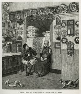Un interieur à Marken (Pays Bas), gravada após um desenho de E.Ronjat, para ilustrar a história do Neerlande, de Charles de Coster, em 1878, publicada no tour du monde, sob a direcção de Edouard Charton de Etienne Antoine Eugene Ronjat