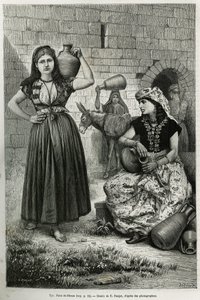 Mulheres carregando jarras, perto do poço do Hiram em Tyre. Gravura de E.Ronjat, para ilustrar a história La Syria d
