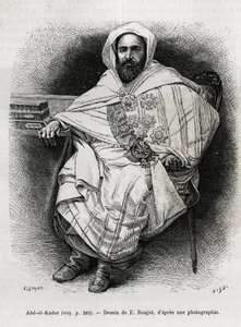 retrato de Abd El Kader (1808-1883), emir e sultão argelino, teólogo sufi, político e resistência militar ao exército colonial francês, também escritor, poeta e filósofo. Gravura de E.Ronjat, para ilustrar a história La Syria d