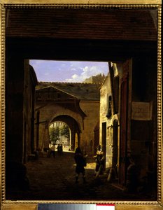 O pátio de uma casa de condução na rue Saint Denis conhecida como pátio Sainte Catherine Scene, no 1º arrondissement de Paris. Pintura de Etienne Bouhot (1780-1862) 1832 Sol. 0,27x0,22 m Paris, Musee Carnavalet.