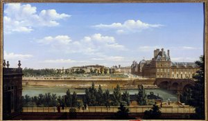O jardim e o palácio das Tuileries, visto do Quai d