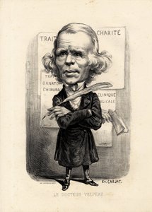 feuille volante - Ilustração de Etienne Carjat (1826-1906): Médico, medicina, sante, Carité, Anatomia, Exposição de Cartazes - Cirurgião, Velpeau Alfred (1795-1867) de Etienne Carjat