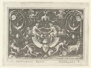 Esaú vende sua primogenitura a Jacó Decorações planas com cenas do Antigo Testamento em moldura de grotescos (título da série) de Etienne Delaune