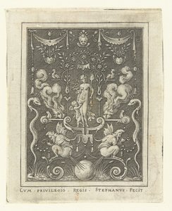 Vênus com Amor entre quatro corações ardentes Decorações de superfície com figuras de deuses em moldura de grotescos (versão posterior) (título da série) de Etienne Delaune