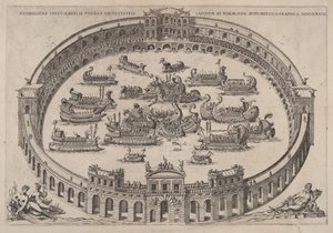 Engajamento naval situado dentro de uma arena romana, com o rio Tibre e ninfas na esquerda inferior ..., 1577-85.