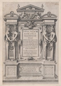 O Espelho Romano da Magnificência: Folha de rosto gravada dentro da arquitetura e escultura..., 1573-77. de Etienne Duperac