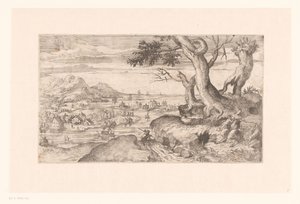 Paisagem com um sátiro feminino alimentando uma criança sátiro de Etienne Dupérac (attributed to)