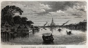 Vista geral de Banguecoque (Tailândia), desenho de E.Bocour, para ilustrar a viagem de Henri Mouhot aos reinos do Sião, Camboja e Laos, de 1858 a 1861. Gravura em "Le tour du monde", editado por Edouard Charton