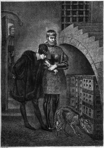 Rei Luís XI da França (1423-1483) visitando o prisioneiro Jean de La Balue (Cardeal Balue) (1421-1491), encerrado numa gaiola de ferro. Gravura de Bocour após a pintura de Gerome