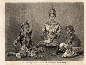 Artistas dramáticos siameses, desenhados por E.Bocour, para ilustrar a viagem de Henri Mouhot aos reinos do Sião, Camboja e Laos, de 1858 a 1861. Gravura em "Le tour du monde", editado por Edouard Charton
