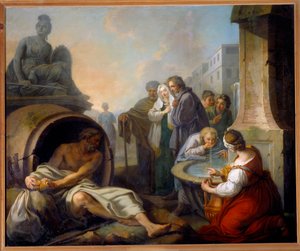 Diogene quebrando seu ecular Diogene de Sinope chamado Cínico (413-327 AC), filósofo grego, abandona seu ecular depois de ver uma criança beber água em suas mãos na fonte. Pintura de Etienne Jeaurat (1699-1789) Sol do século XVIII. 1,62x1,95 m Paris,