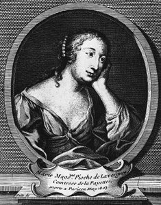Retrato medalhão de Marie-Madeleine Pioche de La Vergne, comtesse de La Fayette (1634-1693), romancista francesa, gravura de Etienne Jehandier Desrochers (1668-1741)
