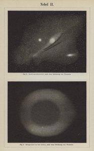 Vistas da Nebulosa de Andrómeda e da Nebulosa do Anel na constelação Lyra (gravura) de Étienne Léopold Trouvelot