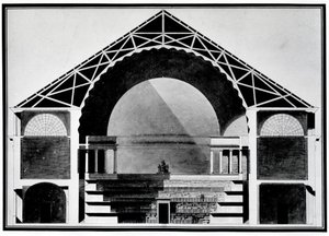 Bibliotheque Royale de France, desenho em corte transversal do edifício. Arquitetura de Etienne Louis Boullee (Etienne-Louis Boullee), arquiteto francês (1728-1799).