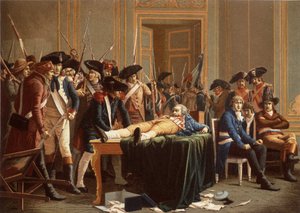 A manhã do 10º Thermidor Ano II; Maximilien de Robespierre, com o maxilar fracturado, espalhado sobre uma mesa (chromolitho) de Etienne Lucien (after) Melingue